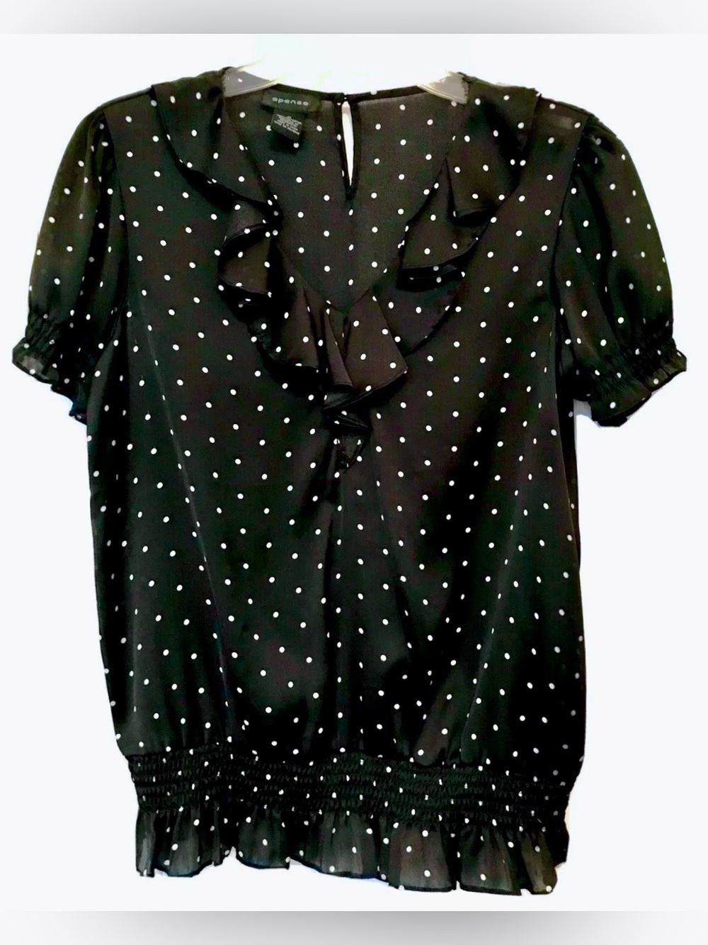 Spence Womens M Romantic Ruffled V-Neck Black White Polka Dots Silky Blouse
